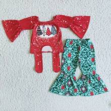 Оптовая продажа, Рождественская одежда для маленьких девочек, бандажный топ с красным галстуком и длинным рукавом с рисунком дерева, брюки с зелеными колокольчиками, наряд, детский эксклюзивный комплект 2024 - купить недорого
