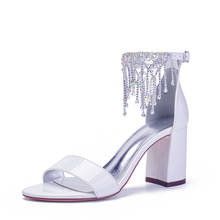 Marpreciso sandálias femininas com tornozelo, com borla de cristal, para casamento, sapatos de salto largo 2024 - compre barato
