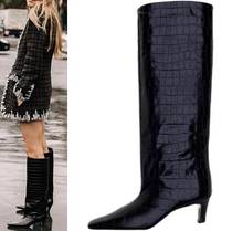 Drop Shipping New Woman Black Brown Crocodile Pattern Leather Knee High Boots 55 mm Mid Heels Square Toe Loose Tube Long Boots 2024 - buy cheap