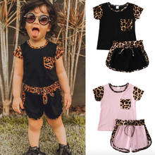 Conjunto de roupas de verão para crianças, 2 peças, camisa com bolso e gola redonda, shorts de leopardo, roupa infantil para meninas 2024 - compre barato
