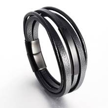Pulseira de couro masculina retangular, bracelete clássico de couro preto com múltiplas camadas de aço inoxidável, jóias para presente, 2021 2024 - compre barato