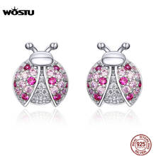 WOSTU 100% 925 Sterling Silver Ladybug Pink Zircon Stud Earrings Silver 925 Jewelry For Women Wedding Earrings Jewelry CQE715 2024 - buy cheap