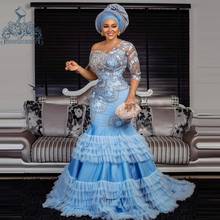 Elegante vestido de fiesta asimétrico Ebi, azul cielo, volantes escalonados, tul, sirena, apliques de encaje, vestidos africanos 2024 - compra barato