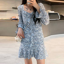 Mini vestido francês feminino floral de chiffon casual gola quadrada manga comprida vestido de praia escritório feminino verão estilo coreia 2021 2024 - compre barato