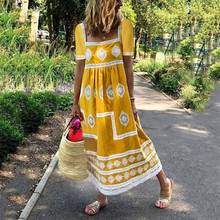 #H40 Bohemian Women Summer Maxi Dress Casual Print Square neck Boho Dress Short Sleeve Big Swing Long Party Dresses Vestido 2024 - buy cheap