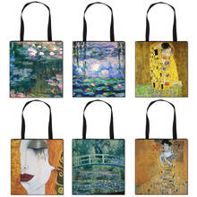 Bolso Vintage de lona para mujer, bolsa de mano con pintura de beso/lirio de agua, Monet / Gustav Klimt, para viaje y compras 2024 - compra barato