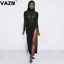 VAZN ASL6211 New Mature Age Sexy Club Open See Through Fashion Black Turtleneck Full Sleeve High Waist Women Maxi Dress 2024 - buy cheap