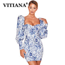 VITIANA Women Prairie Chic Party Dress Spring 2020 Female Long Sleeve Blue Floral Strapless Sexy Pencil Dresses Femme Vestidos 2024 - buy cheap