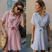 Summer New Fashion Women Striped Stand Button Mini Dress Ladies Comfort Bow Short Sleeve Bandage Party Red Blue Lady Dresss 2024 - buy cheap