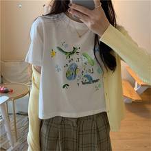 Повседневная Свободная Винтажная футболка с цветочным принтом женские футболки топы японский Kawaii Ulzzang Женская Корейская одежда Harajuku для женщин 2024 - купить недорого