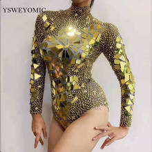 Gold Bright Rhinestones Mirrors Bodysuit Women's Birthday Celebrate Outfit Bar Singer Dancer Show Stretch Dance Costume 2024 - buy cheap