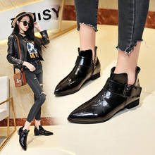 patent leather pointy toe short ankle boots trendy low heels buckle side zipper chelsea bottes V-open hollow women booties shoes 2024 - buy cheap