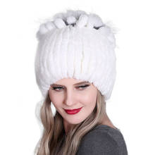 Rabbit Hair Hat Winter Fashion Knit Hats Real Rabbit Fur Pompom Winter Soft Warm Ski Cap 2024 - buy cheap