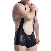 Sexy Men Bodysuits Leotard PU Leather Wrestling Singlet Jumpsuits Bugle Pouch Undershirts Shorts Teddies Clubwear One-Piece 2XL 2024 - buy cheap