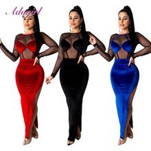 Sexy Sheer Mesh Patchwork Velvet Evening Party Club Bodycon Long Dress Women Elegant Backless Long Sleeve High Slit Maxi Dresses 2024 - buy cheap