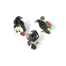 Black bird brooch, rose flower crow brooch, paint enamel badge wholesale in stock, bag decoration, gift for friends 2024 - buy cheap