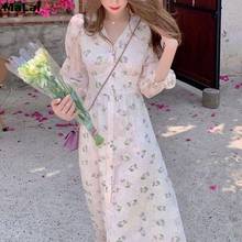 Korea 2021 Summer Sweet Elegant Midi Dress Women Floral V-Neck Fairy Dress Female Flower Evening Party Kawaii One Piece Dresses 2024 - buy cheap