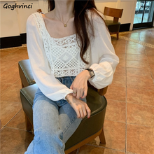 Blouses Women Fashion Korean Simple Solid Hollow Out All-match Chic Streetwear Fall Design Long Sleeve Patchwork Chiffon Female 2024 - buy cheap