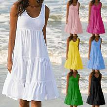 Hot Sales!!!Beach Summer Loose Pleated Sundress Women Solid Color Sleeveless Midi Dress 2024 - buy cheap