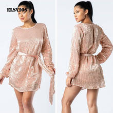 Lady sexy back Hollow out club party dress Women long sleeve sequin dress Female Elegant casual solid o neck mini dress vestidos 2024 - buy cheap
