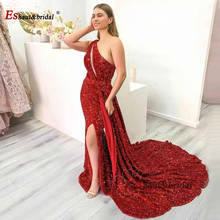 Vestido de noche de sirena roja sin mangas para mujer, Sexy, Dubai, brillante, un hombro con lentejuelas, de lujo, Formal, para fiesta, 2021 2024 - compra barato