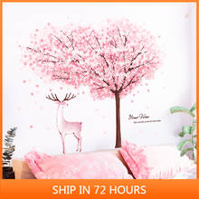 Pegatinas de pared de árbol de flores de cerezo, calcomanías de pared de ciervo de dibujos animados para niña y niño, decoración de dormitorio, papel tapiz de vinilo artesanal nuevo 2024 - compra barato