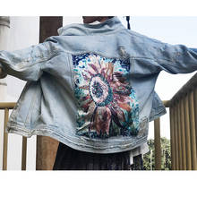 Teelmundial jaqueta jeans feminina, casaco boho com apliques florais bordados manga comprida 2024 - compre barato
