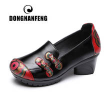 Dongnanfeng sapatos femininos de couro legítimo, sapatos para mulheres, loafters de plataforma, salto médio, slip-on, estilo étnico, laço 2024 - compre barato