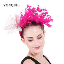 Hot Pink Feather Cocktail Hairbands For Woman Event Dinner Party Thick Velvet Women Headbands Hair Accessories Fashion Headwear 2024 - buy cheap