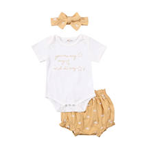 Bebê meninas 3 pçs roupas de verão, manga curta carta impressão macacão + bloomers + conjunto de bandana 2024 - compre barato
