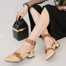 Sandals women's new 2019 fashion retro square head button belt thick heel sandals women's shoes metal buckle women's shoes 2024 - buy cheap