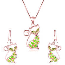 FYJS Unique Animal Jewelry Sets Rose Gold Color Lovely Cat Pendant Green Opalite Opal Necklace Drop Earrings 2024 - buy cheap