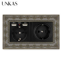 UNKAS Dual French Standard Wall Socket With 2 USB Charge Port 146MM*86MM Hidden Soft LED Indicator 4D Embossing Zinc Alloy Panel 2024 - buy cheap