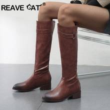 Reave cat bota feminina de couro retrô, tamanhos 34-48, botas longas de salto baixo, zíper, sapatos quentes de inverno 2020 2024 - compre barato