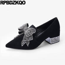 Block Slip On Rhinestone Suede Bow Diamond Crystal Black Trending Pumps Bridesmaid High Heels Pointed Toe Luxury Women Shoes New 2024 - buy cheap