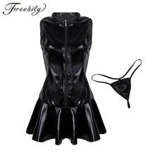 Sexy Leather Bodycon Flare Mini Dress Women Gothic Bandage High Collar Black Female Party Dress Sexy Pole Dance PU Leather Dress 2024 - buy cheap