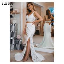 E JUE SHUNG White Lace Mermaid Evening Dresses V Neck Side Split Backless Two Pieces Formal Prom Gowns Vestidos De Fiesta 2024 - buy cheap