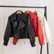 Chaqueta de cuero sintético para mujer, abrigo suave, suelto, Vintage, con bolsillos grandes, color negro, para otoño 2024 - compra barato