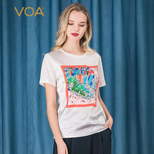 Voa cetim estiramento de seda seaside impressão urbana em torno do pescoço costura manga curta camiseta feminino bg50 tshirt harajuku t camisa feminina 2024 - compre barato