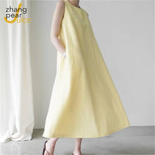 A Line Dress Women Sleeveless Summer Yellow Loose O Neck Casual Dresses Female Solid Cotton Linen Long Dress 2024 - buy cheap