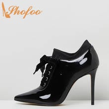 Shofoo Black Patent Leather Pointed Toe Super Thin Heels Woman's Pumps Lace Up Autumn Fashion Shoes For Ladies Large Size 11 16 2024 - buy cheap