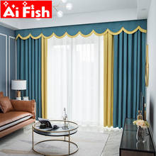 Cortinas black-out de tecido moderno com costura amarela azul de linho mais grosso, tratamento de janela sólida para sala de estar 2024 - compre barato