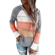 Женский свитер с капюшоном, повседневный Свободный вязаный пуловер в полоску, с вырезами, в стиле пэчворк, топ на весну и осень 2024 - купить недорого