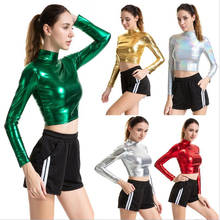 Turtleneck Short T-shirt Women Shiny Metallic Long Sleeve Crop Top Fashion Expose Waist Streetwear Nightclub Performance Costume 2024 - buy cheap