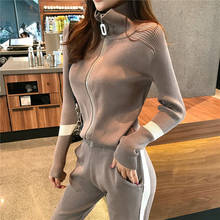 Autumn Winter Knitted Tracksuits Turtleneck Long-sleeved Zipper Jacket Coat + Pocket Pencil Pants Set Women Casual 2 Piece Set 2024 - buy cheap