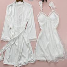 Sleepwear Women Lace Trim 2PCS Kimono Robe Gown Spring Autumn Suspender Nightdress&Bathrobe Set Loose Sexy Intimate Lingerie 2024 - buy cheap