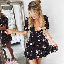 New Fashion Women Ladies Short Sleeve Wrap Boho Floral Mini Dress Summer Holiday Casual Sundress Black 2024 - buy cheap