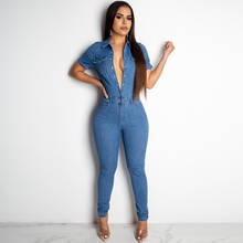 Macacão jeans feminino casual, peça única, manga curta, gola alta, roupa justa 2024 - compre barato