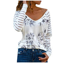 Floral Printed Woman Tshirts Spring Fashion V Neck Patchwork Striped Long Sleeve Graphic Tees Tops Pullover Mujer Camisetas #G2 2024 - buy cheap