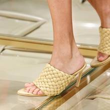 New Hot White Nude Knitting Weave Sandals Woman Runway High Heel Party Shoes Open Toe Apricot Slides Summer Beach Slippers 2024 - buy cheap